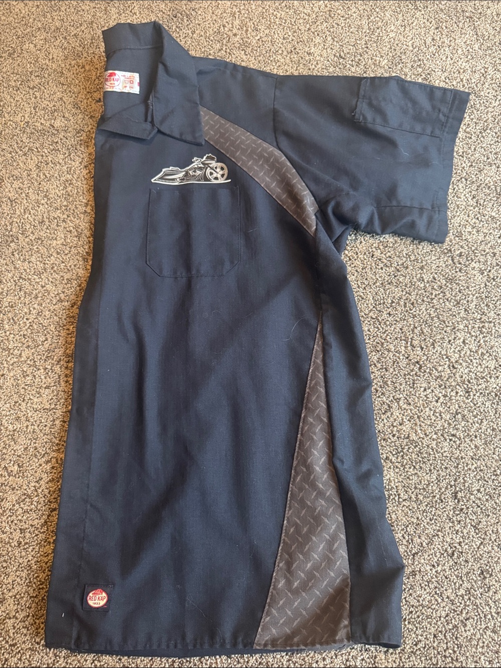 navy work shirt made by Red Kap. Has motorcycle design. 2XL